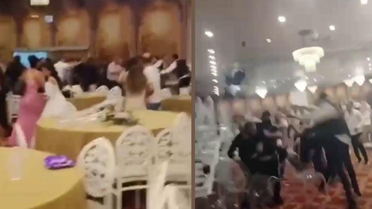Düğünde gelin ve damat tarafı uçan tekmelerle birbirine saldırdı