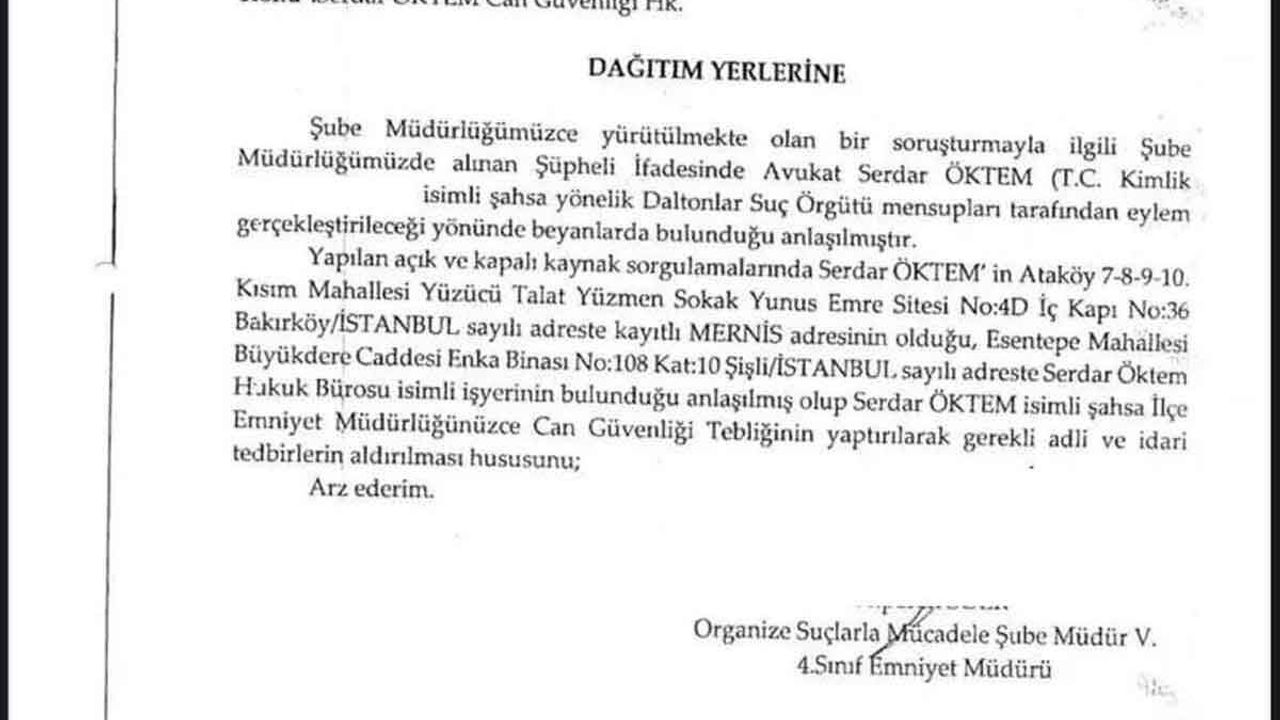 Avukat Serdar Öktem cinayetinde dikkat çeken belge: Suikast uyarısı yapılmış