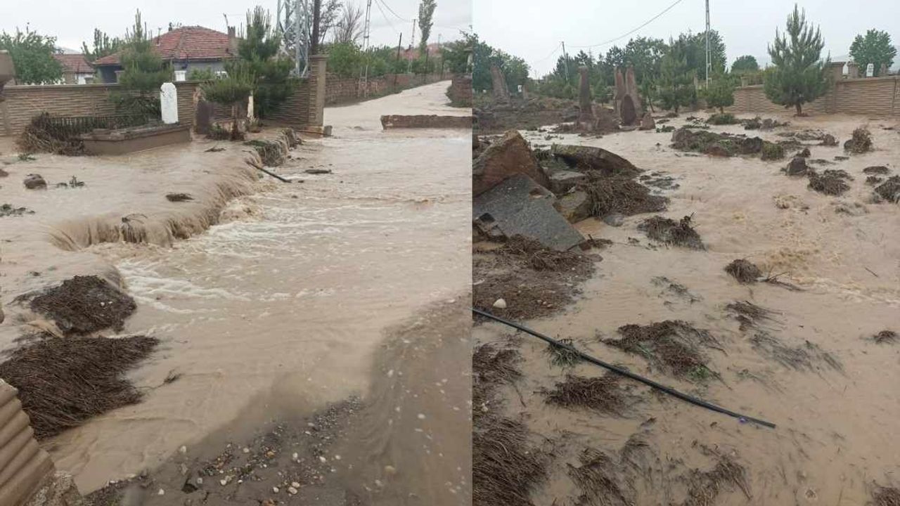 Kayseri Develi’de şiddetli yağış sele dönüştü: Caddeler ve mezarlık sular altında