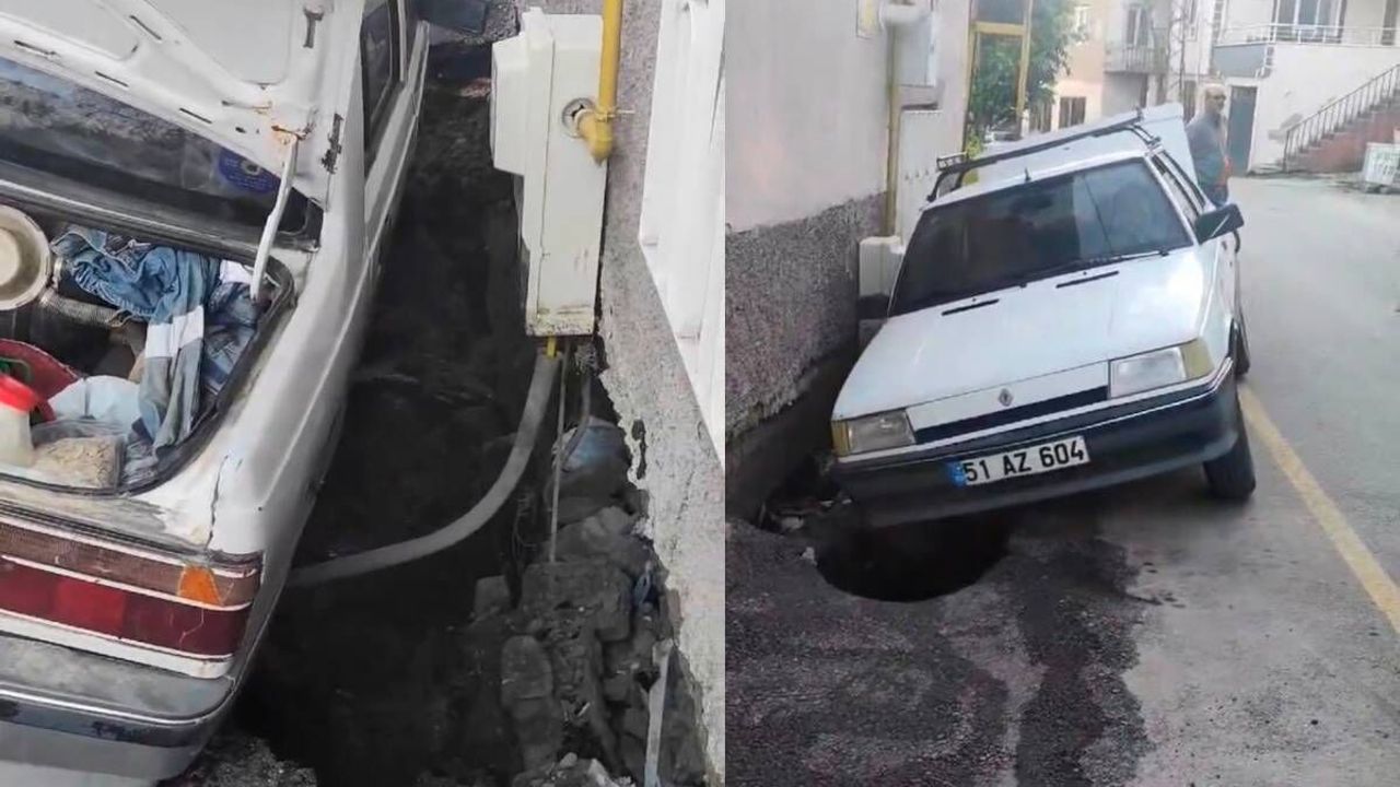 Yahyalı'da su borusu patladı, İstinat duvarı çöktü! Otomobil çukura düştü