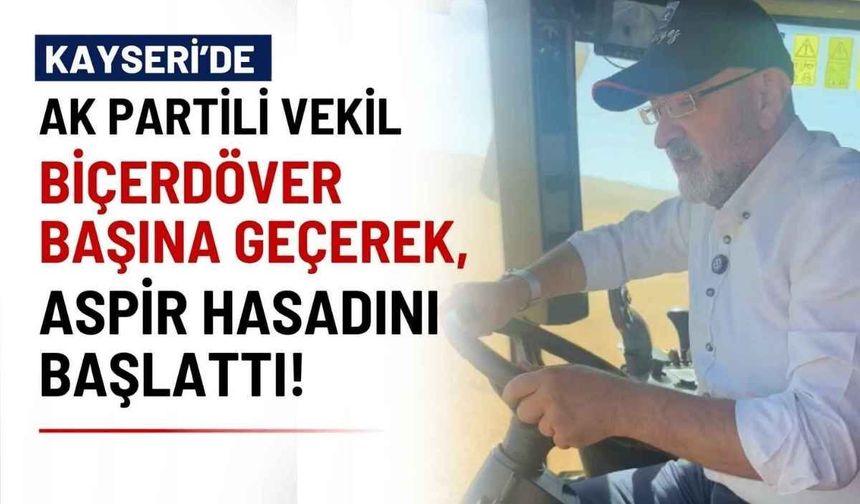 Kayseri’de AK Partili vekil biçerdöver başına geçerek, aspir hasadını başlattı!