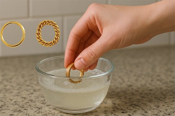 3. Amonyak Çözeltisi Deneyin
İnatçı kararmalar için, 1 ölçü amonyak ile 6 ölçü suyu karıştırarak bir çözelti hazırlayın. Takılarınızı bu karışımda yalnızca 1 dakika bekletin, ardından hemen durulayın ve kurulayın. Amonyak, güçlü bir temizleyici olsa da sık kullanılmamalıdır, çünkü altın yüzeyine zarar verebilir.